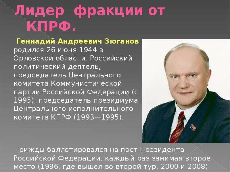 Председатель центрального комитета Коммунистической партии РФ. Зюганов 1999. Лидер описание характеристика