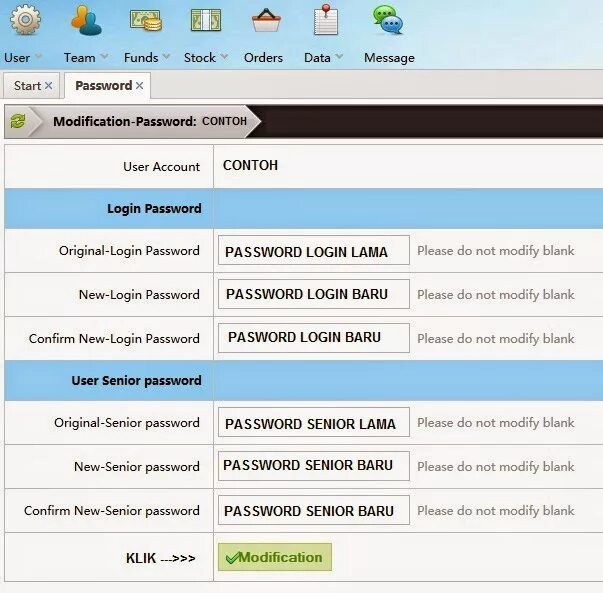 Modify password. Modify password
