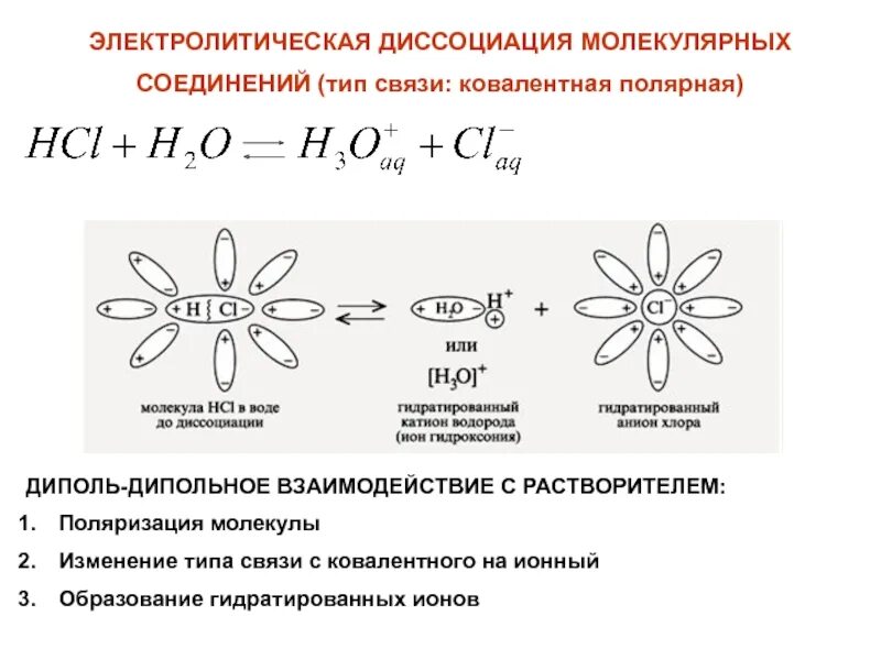 Электролитическая диссоциация веществ с ковалентной полярной связью. Механизм диссоциации электролитов с ковалентной полярной связью. Механизм диссоциации веществ с ковалентной полярной связью. Механизм электрической диссоциации веществ с ковалентной полярной.