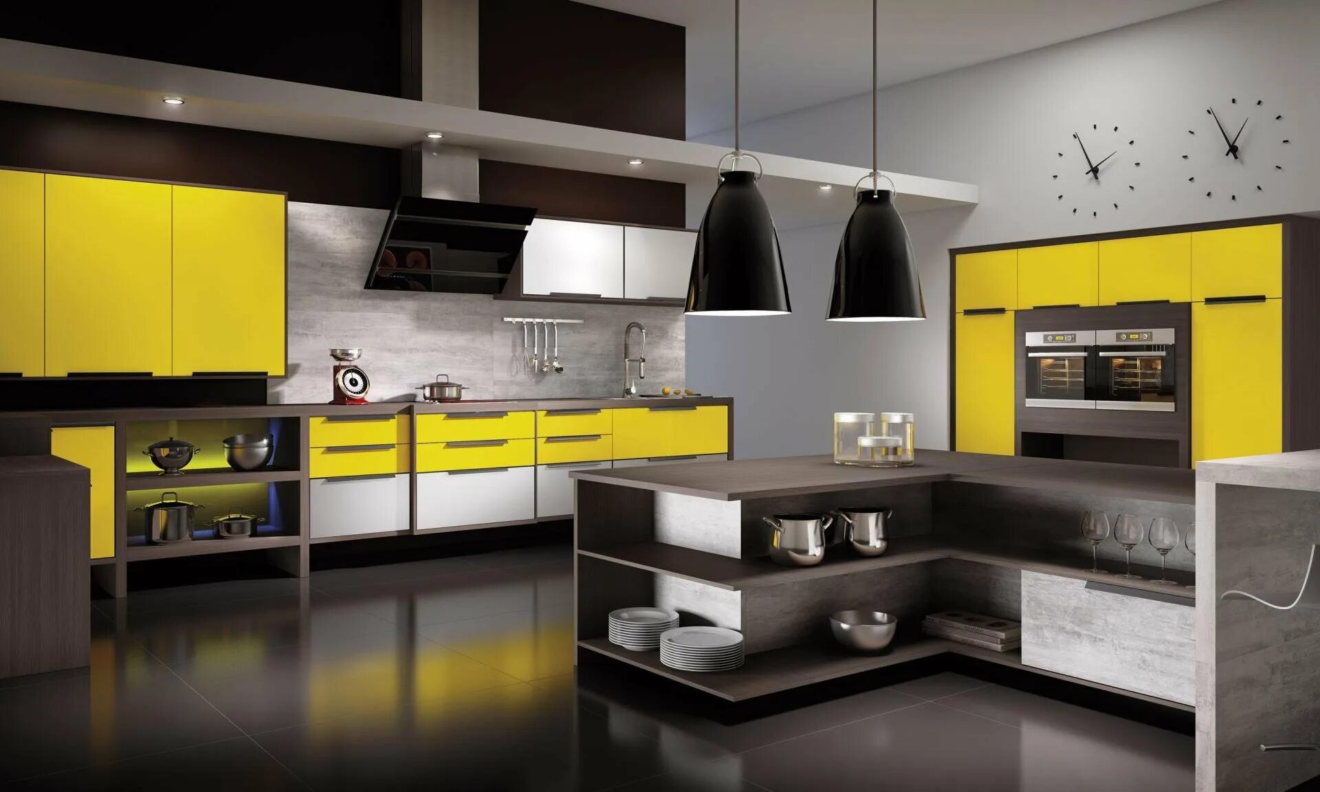Модные кухни. Стильные кухни. Стильный кухонный гарнитур. Черно желтая кухня.