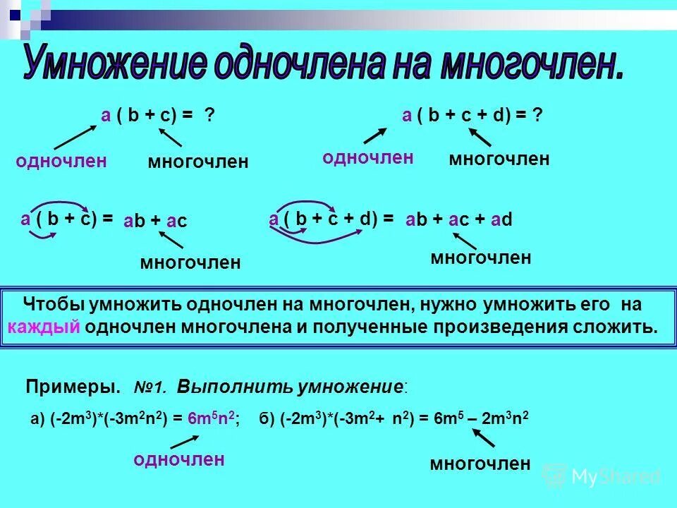 Урок умножение многочлена на многочлен. Правило умножения одночлена на многочлен 7 класс. Одночлены и многочлены 7 класс объяснение. Тема умножение одночлена на многочлен. Одночлен и многочлен разница.