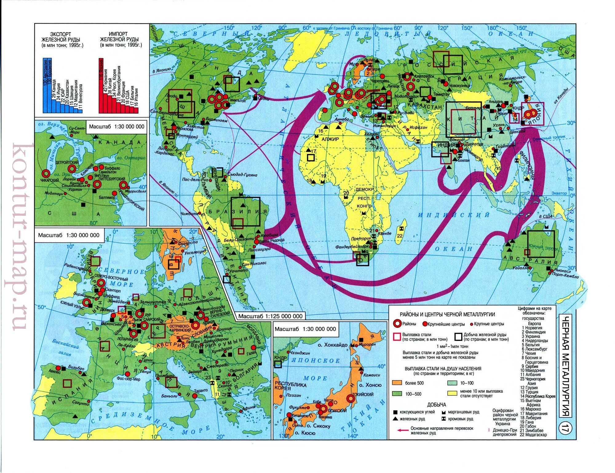 Страны экспортеры черной и цветной металлургии. Атлас 10 класс, карта «цветная металлургия».