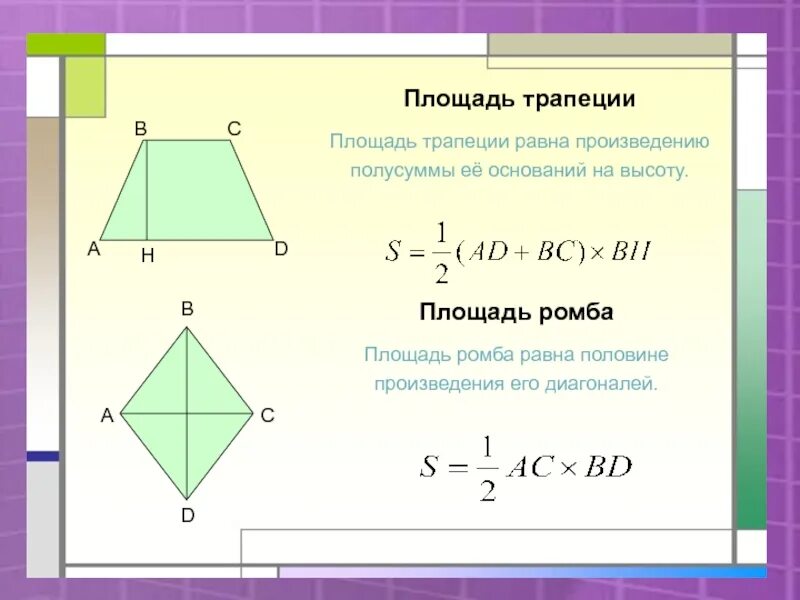 Произведения полусумма оснований на высоту. Формула нахождения площади трапеции. Площадь трапеции формула. Формула расчета площади трапеции. Формула поиска площади трапеции.