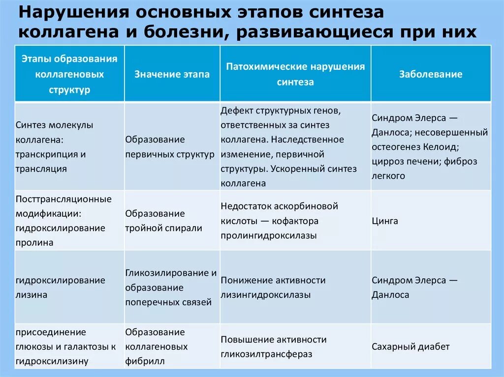 Нарушение структуры коллагена. Нарушения структуры коллагена таблица. Этапы образования коллагена. Нарушения основных этапов синтеза коллагена.