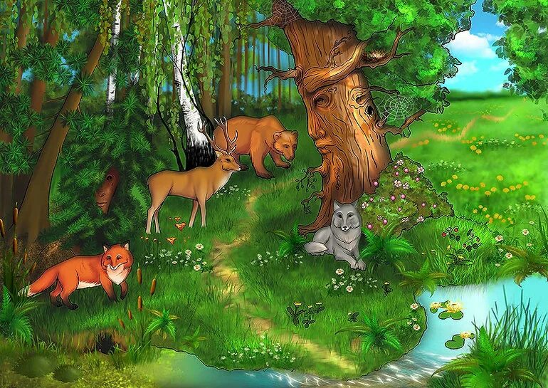 сказочные жители леса. сказочный персонаж старичок лесовичок. звери в лесу. лесные жители. мир леса.