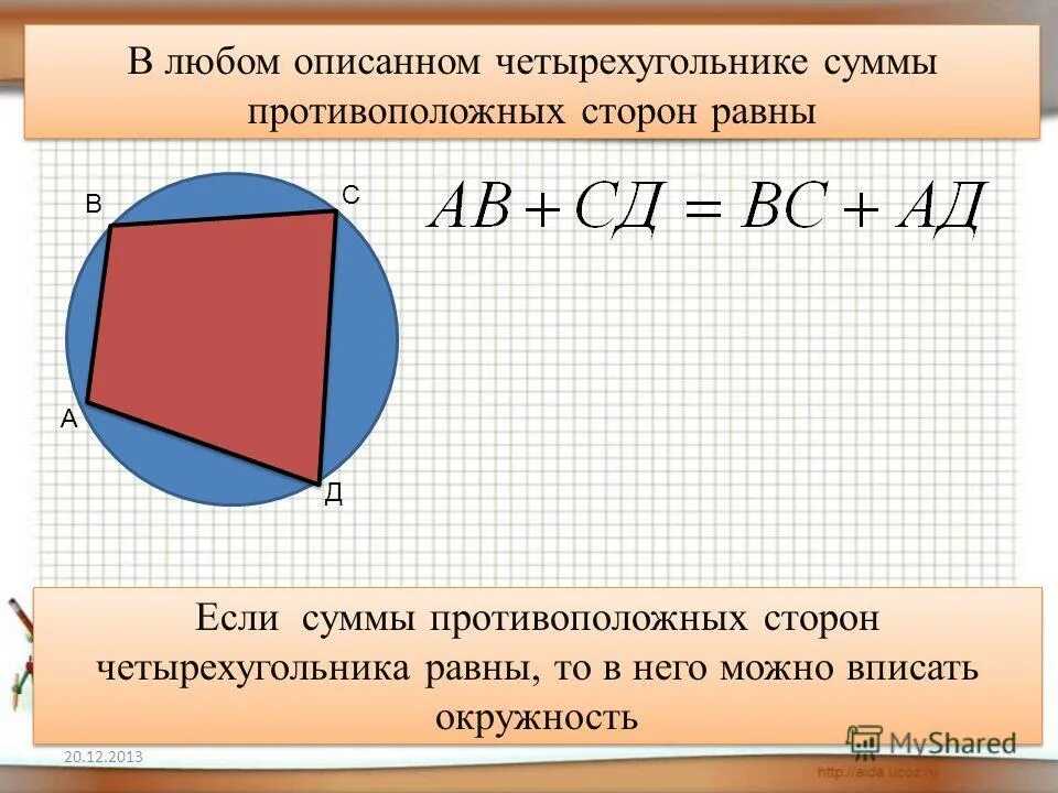 Суммы противолежащих сторон равны