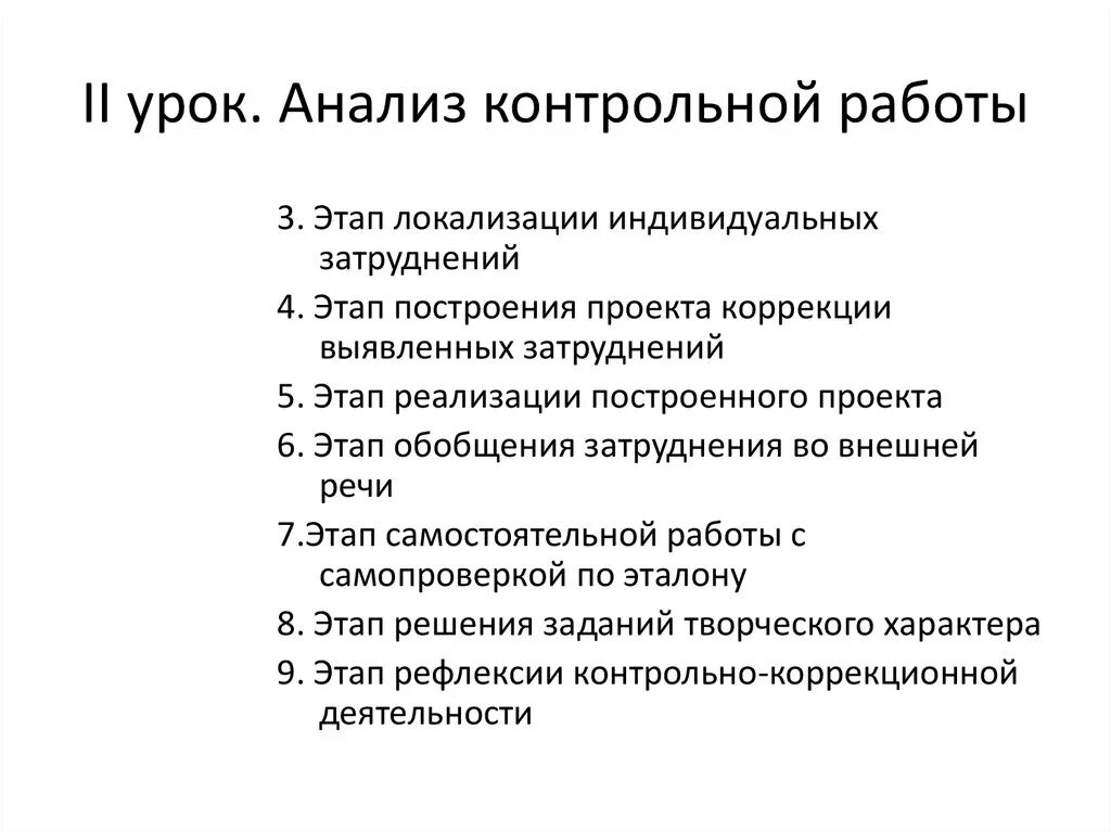 Контрольный урок по фгос. Урок анализ контрольной работы. Этапы урока контрольной работы. Урок разбор контрольной работы. Этапы контрольного урока.