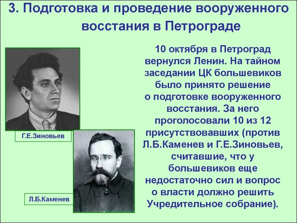 Решение большевиков. Подготовка вооруженного Восстания. Подготовка и проведение вооружённого востания в Петрограде. Каменев и Зиновьев в 1917. Подготовка вооруженного Восстания в Петрограде.