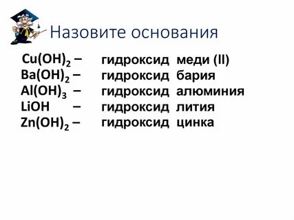 Дайте названия основаниям lioh