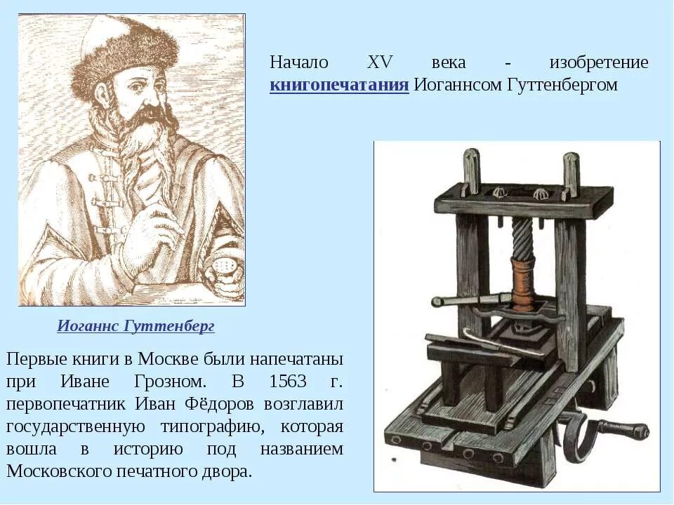 Первый изобретатель книги. Первопечатник Федоров печатный станок. Первопечатник Иоганн Гутенберг портрет. Изобретение печатного станка 15 век и Гутенберг.