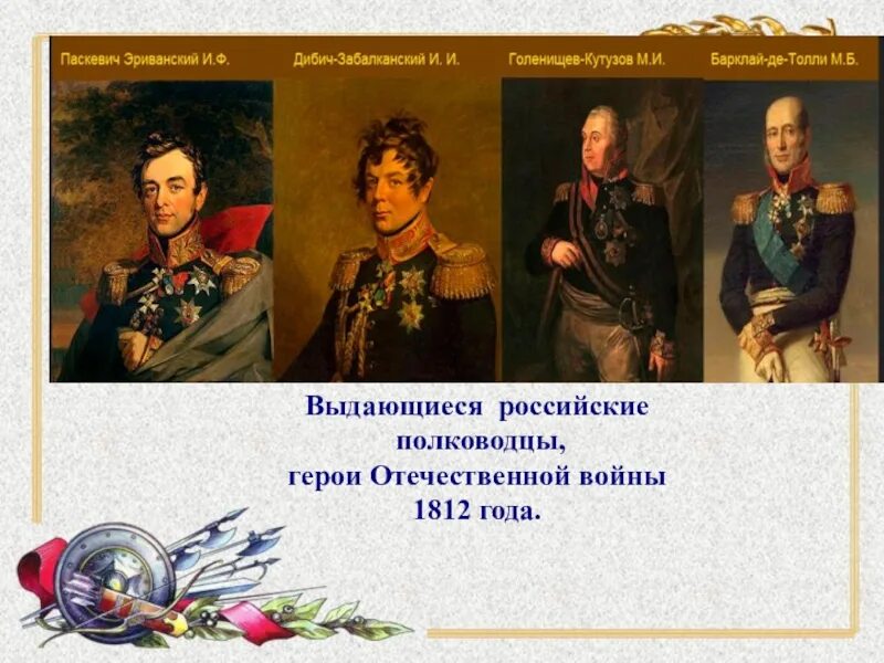 Военноначальники войны 1812 года. Полководцы войны 1812 года России. Главнокомандующий Отечественной войны 1812 года.