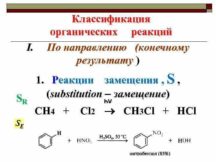 Классификация органических реакций по конечному результату. Классификация органических реакций замещения , присоединения. Органические реакции по конечному результату. Классификация химических реакций по направленности. Особенности органических реакций