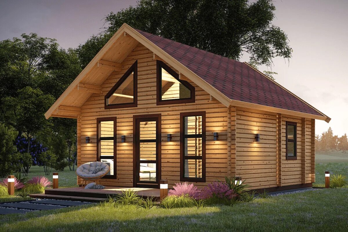 Небольшой деревянный дом. Домик из бруса. Проекты дачных домиков. Дача из бруса.