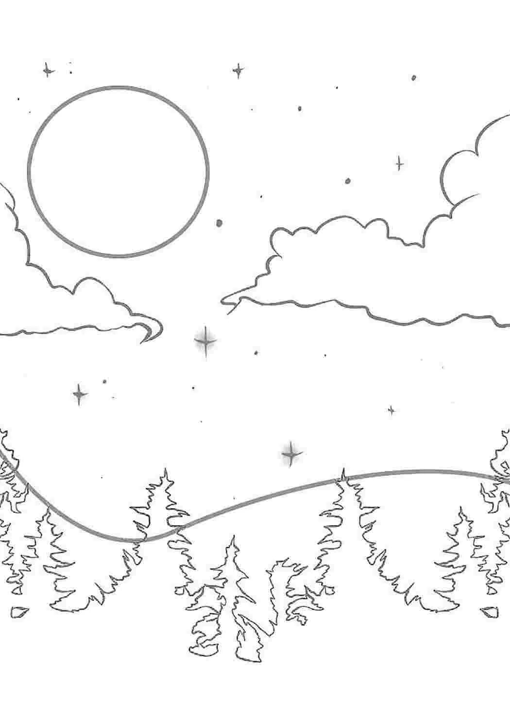 Небо раскраска для детей распечатать Fairytale Sky with Rainbow, Stars and Clouds. Coloring Book Page for Kids. Carto