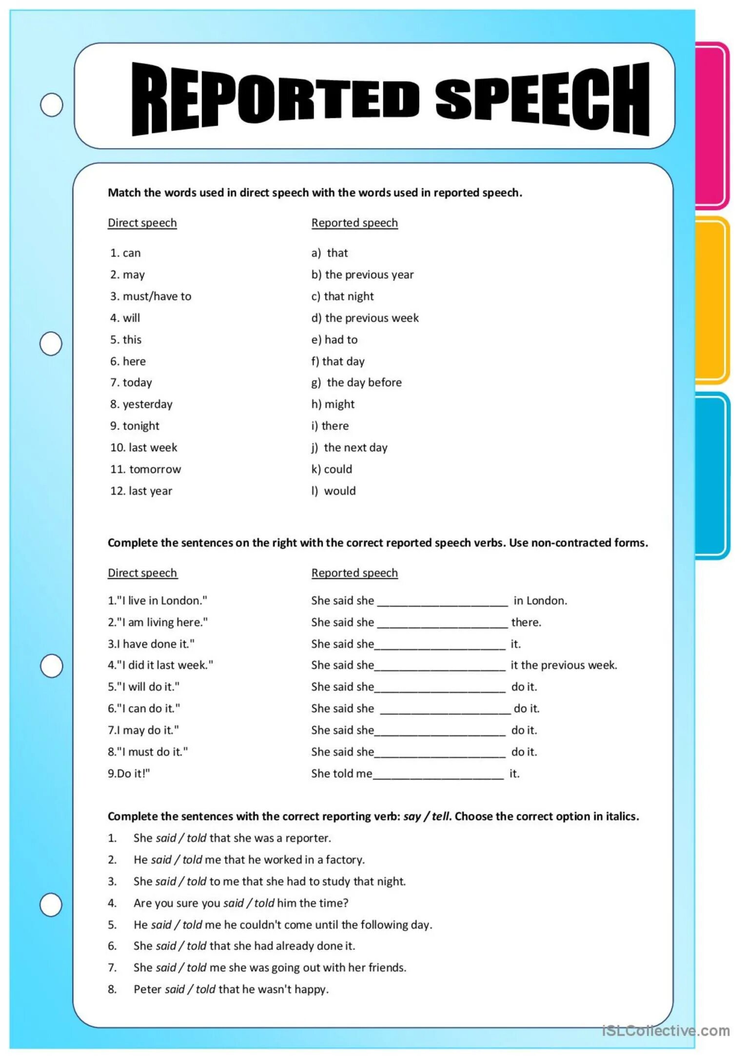 Exercise direct. Reported speech practice exercises. direct reported speech exercises. direct speech reported speech worksheets. reported speech exercises with keys.