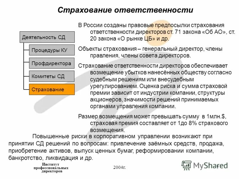 Страхование ответственности директоров и должностных лиц. Страхование ответственности директоров и руководителей. Особенности комплексной программы страхования. Страхование практика. Страхование ответственности корпораций.