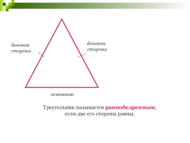 Равнобедренным является треугольник изображенный. Боковая сторона равнобедренного треугольника. Равнобедренный треугольник назварте сторон. Треугольник называется равнобедренным. Название сторон равнобедренного треугольника.