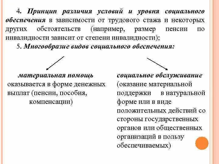 Различие причин и условий. Различия условий. Многообразие видов социального обеспечения. Денежная форма социального обеспечения. Принципы различаются ?.