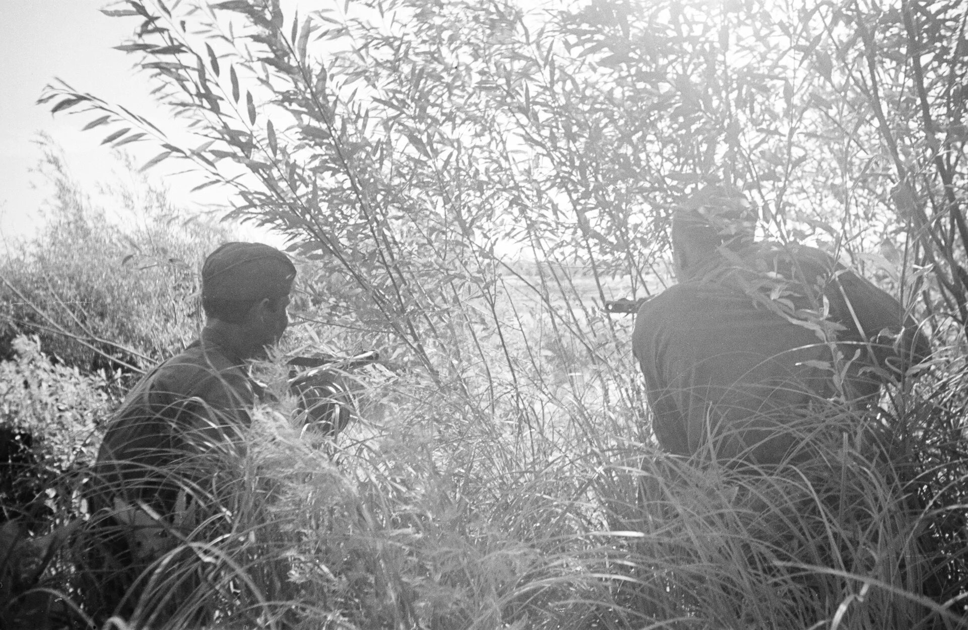 Осень 1944 года. Разведчик. Семён Фридлянд солдат в поле. Разведчики переступают через кусты.