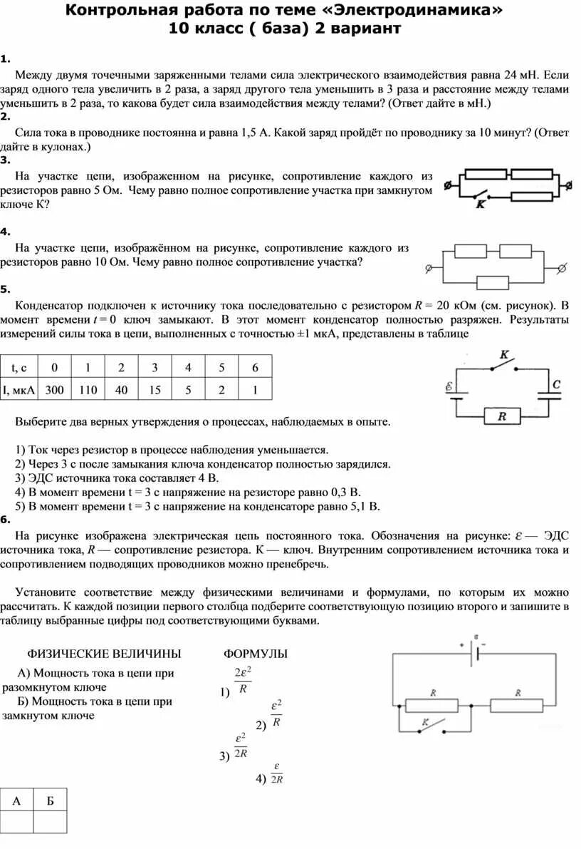 Контрольная работа электродинамика 10 класс