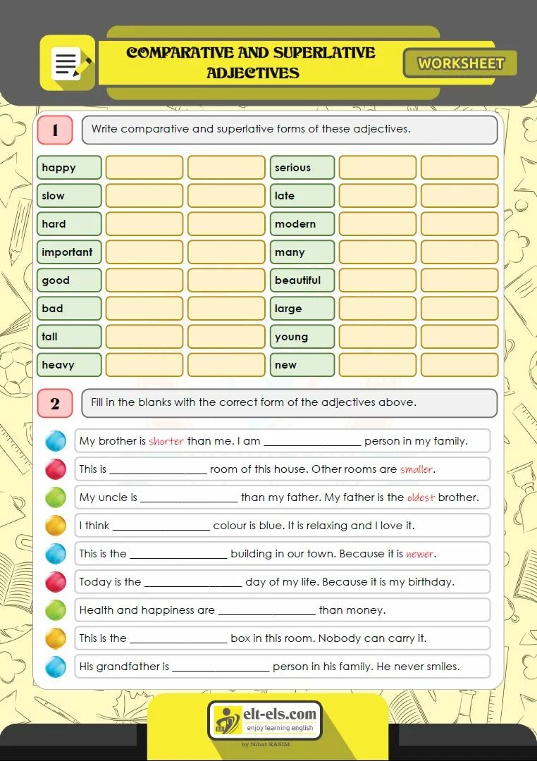 Write the comparative form of these adjectives. Comparatives and Superlatives. Comparatives and Superlatives Worksheets. Comparatives and Superlatives exercises. Comparative and Superlative adjectives Worksheets.