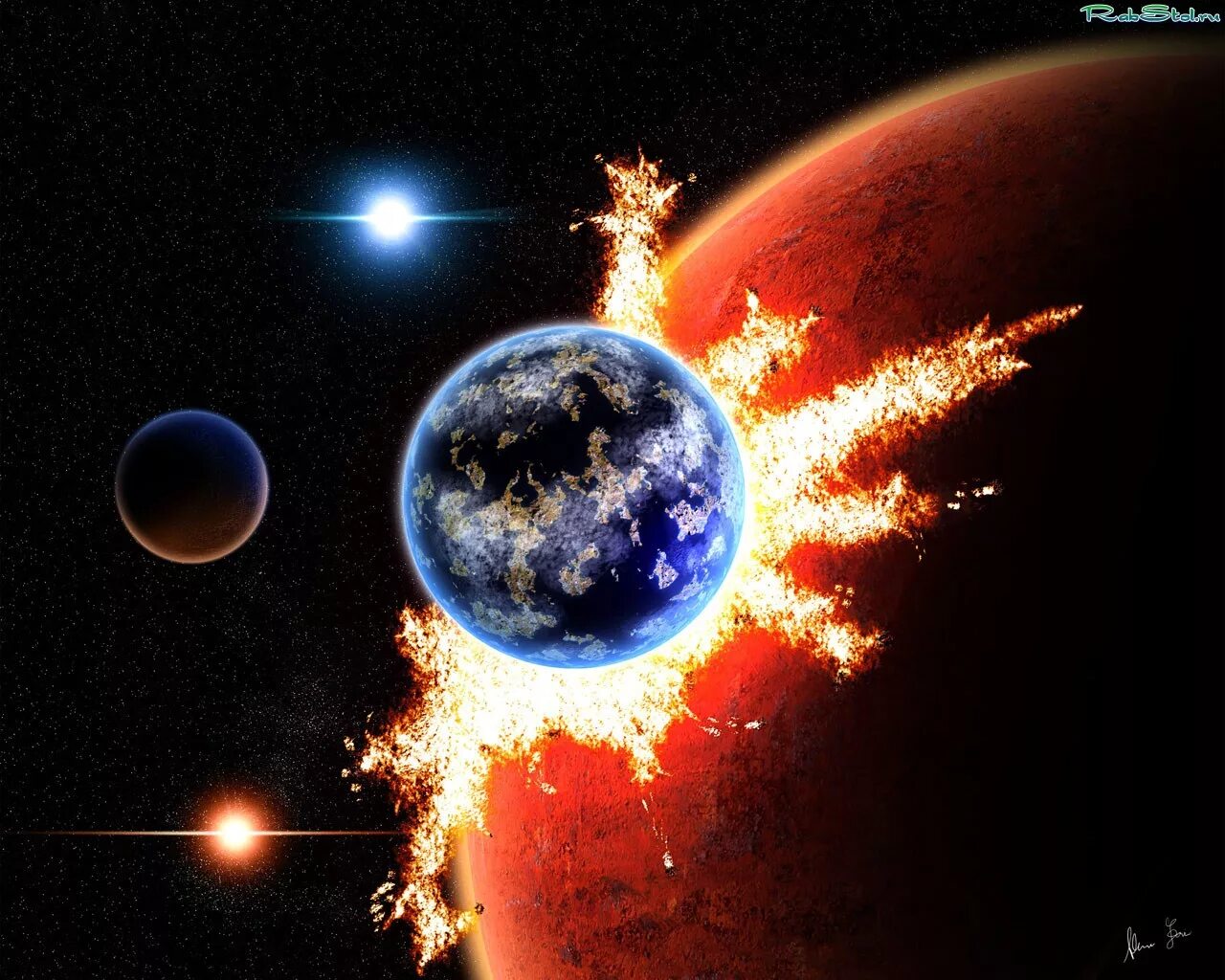 солнце поглощает землю. космос арт. планеты падают на солнце. комета столкнулась с солнцем. солнце, звезды, галактика.