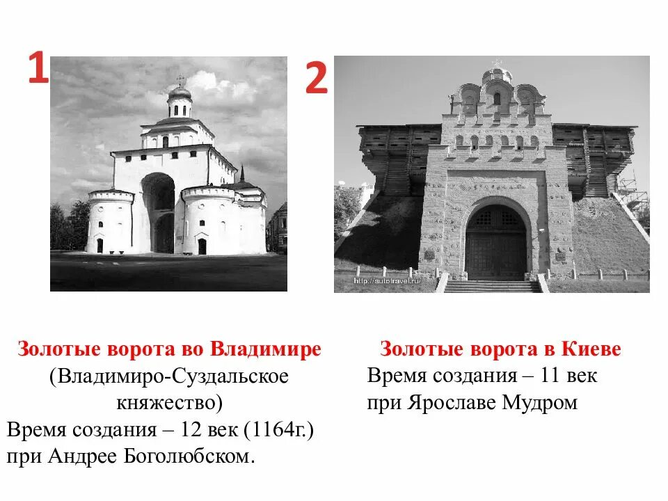 Золотые ворота век создания. Золотые ворота Андрея Боголюбского во Владимире 1164. Золотые ворота в Киеве 11 век при Ярославе мудром.