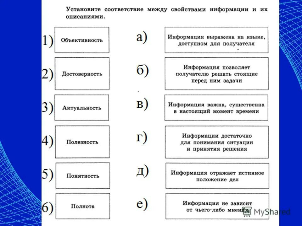 Установите соответствие теплое холодное. Установите соответствие между свойством информации и его описанием. Соответствие между свойствами информации. Установите соответствие между свойствами информации. Установите соответствие между свойствами информации и их описаниями.