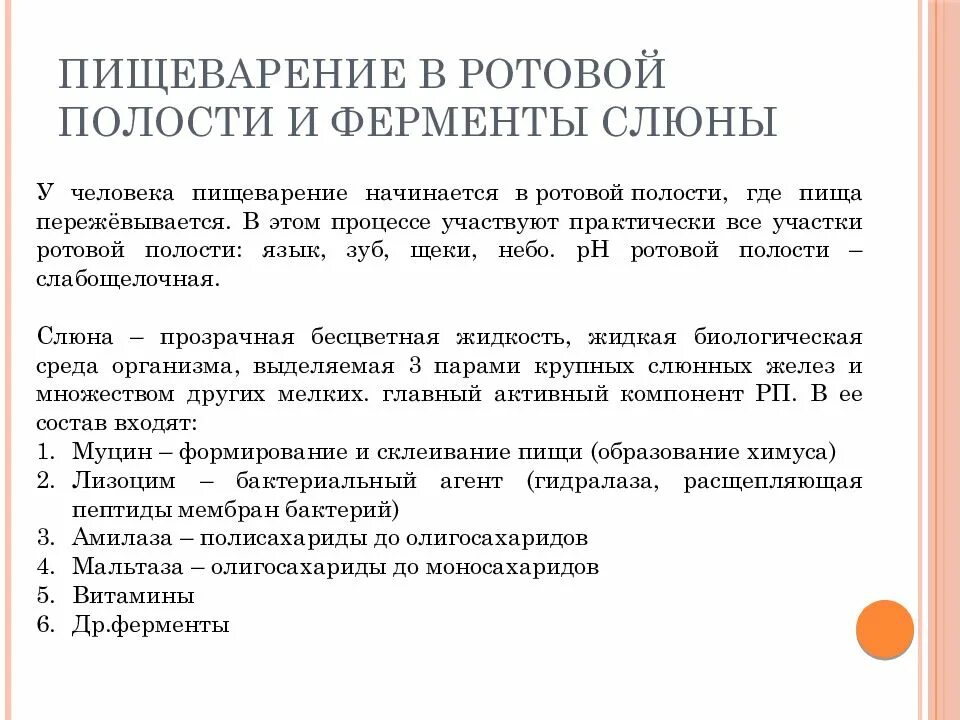 Ферменты ротовой полости человека и их функции. Пищеварение в ротовой полости. Основной фермент ротовой полости. Основной фермент ротовой полости. Фермент птиалин расщепляет.