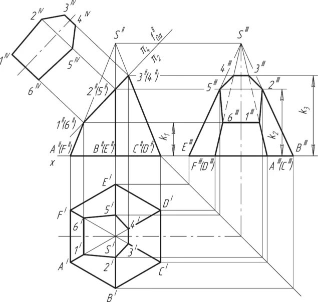 Усеченная шестигранная пирамида. Усеченная шестигранная пирамида черчение. Усеченная Призма чертеж. Усеченная Призма Инженерная Графика.