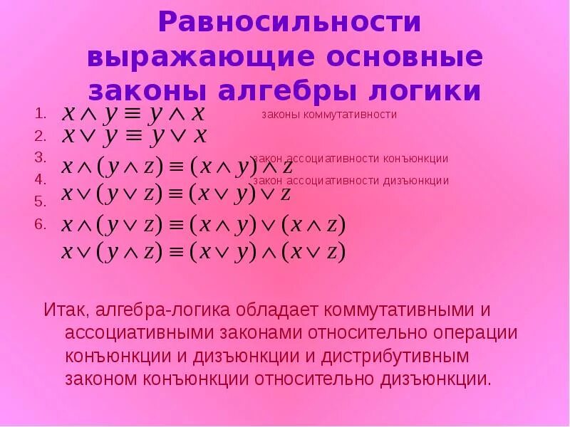 Законы равносильности алгебры логики. Основы равносильности алгебры логики. Формулы равносильности алгебры логики. Равносильность формул логики высказываний. Законы логики доказательства