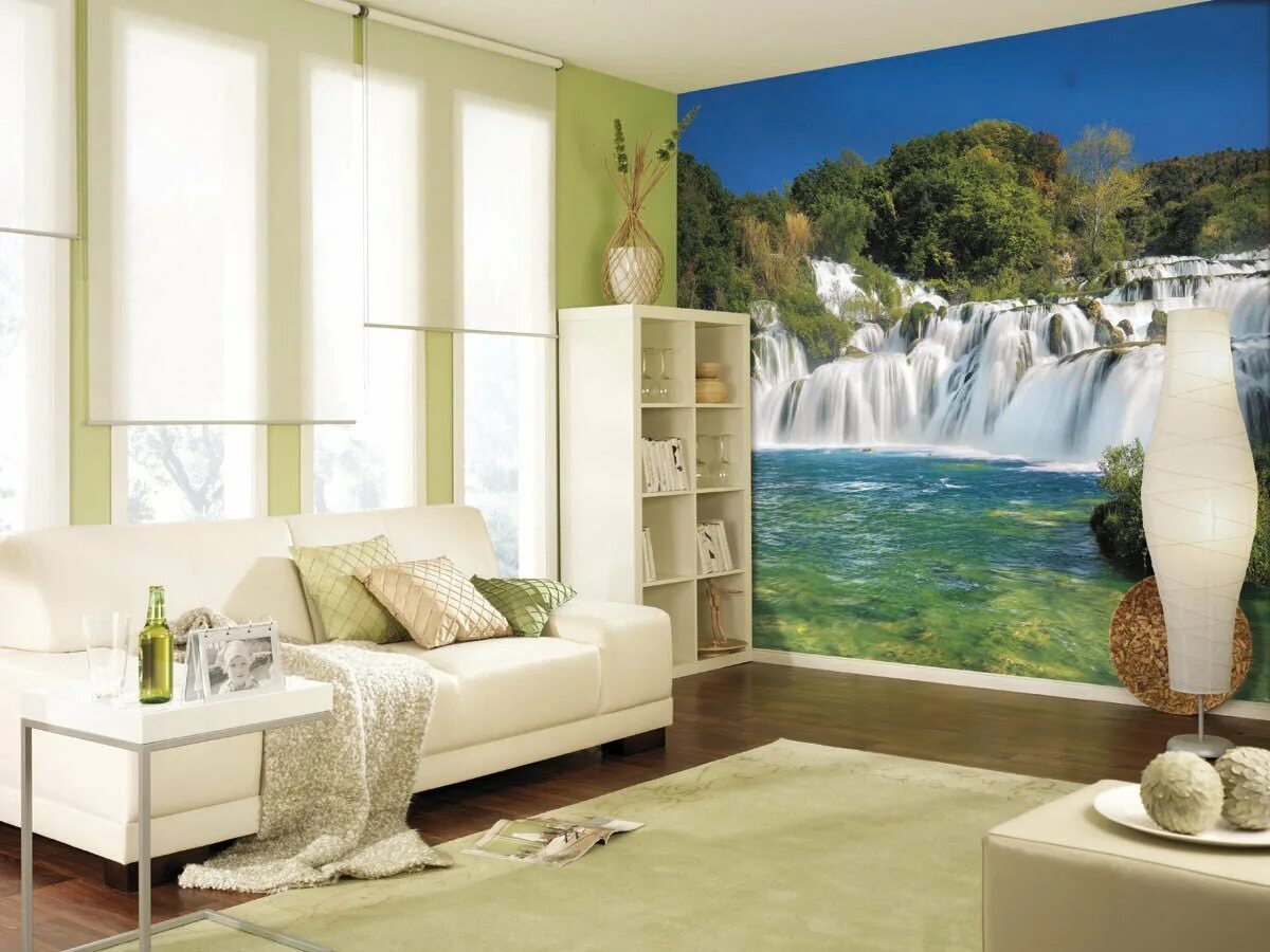 Фотообои Komar водопад. Фотопанно в интерьере. Фотообои на стену в спальню. Фрески в интерьере.