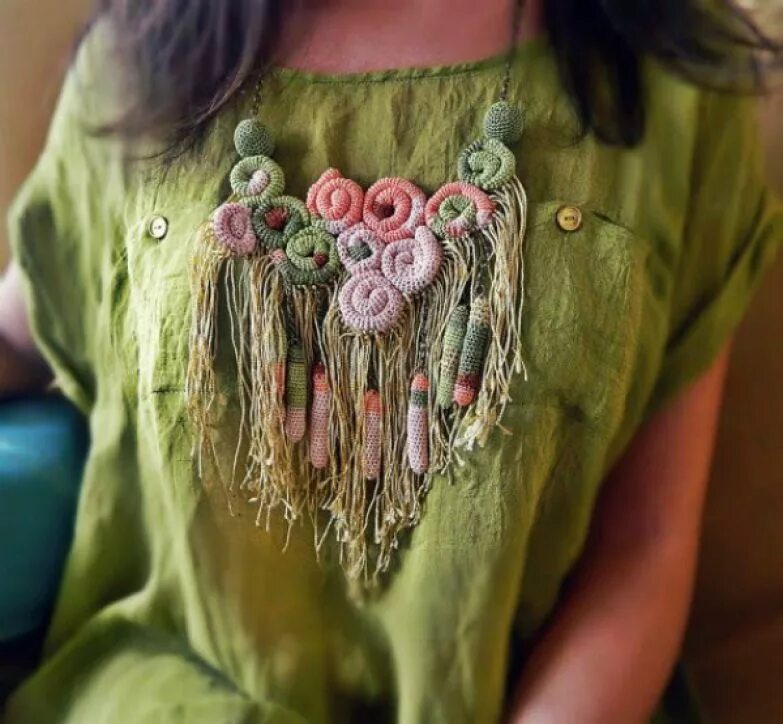 украшение вязаной одежды. колье в стиле ирландского кружева. украшение вчзанных изделий. украшение бусинами одежды. украшение вязаной одежды.