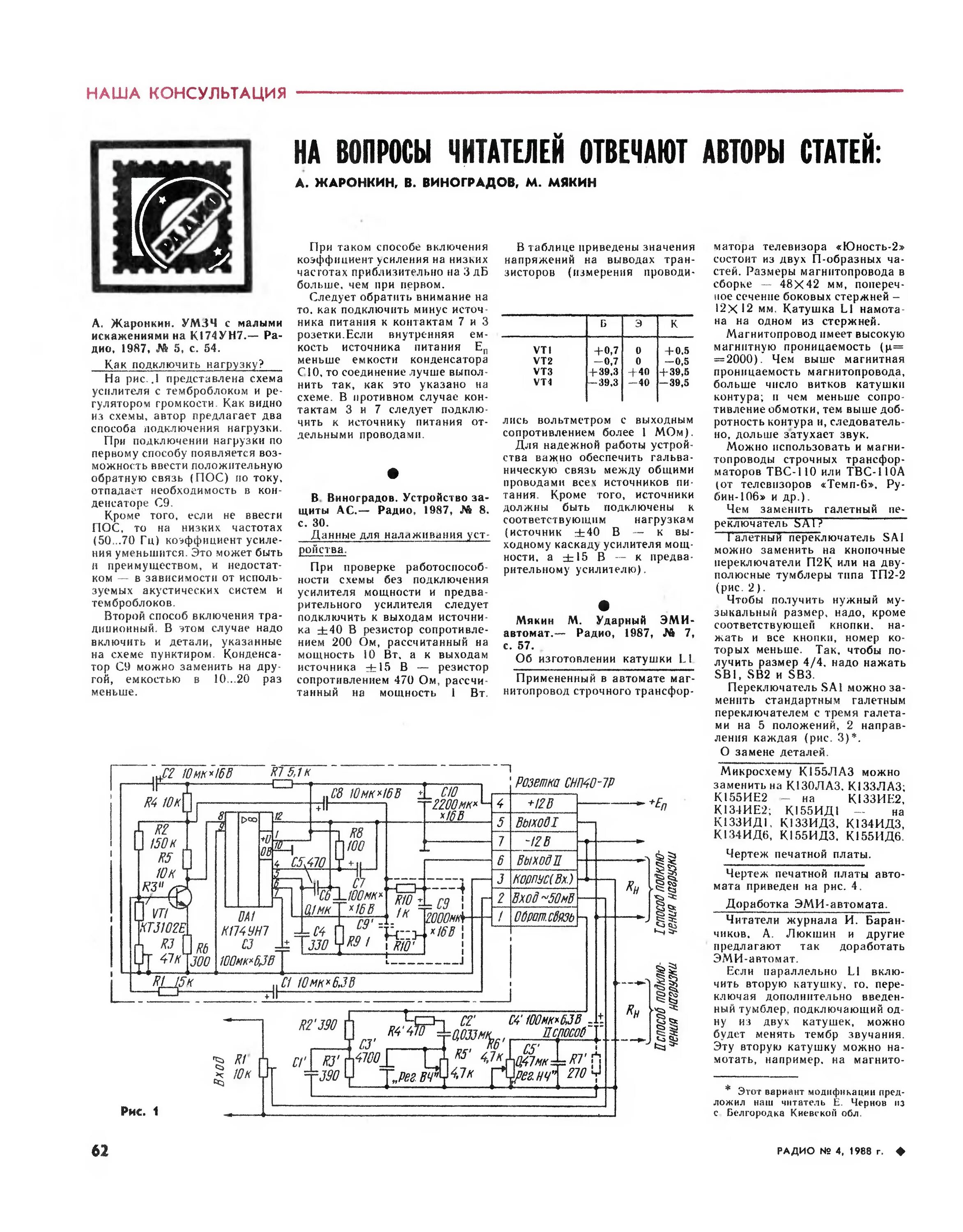 Радио номер 2. Высококачественный усилитель к174ун7. Усилитель мощности звуковой частоты к174ун7. Радиоконструктор 80 годов на к174ун7. Схема усилителя журнал радио 12 1988 года.