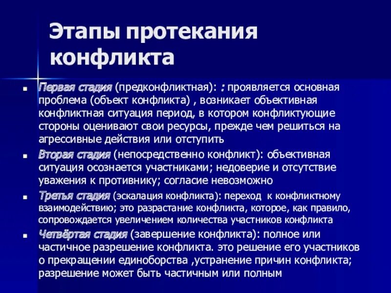 Охарактеризуйте основные этапы конфликта. Стадии протекания конфликта. Фазы протекания конфликта. Первая стадия протекания конфликта. Основные стадии протекания конфликта.