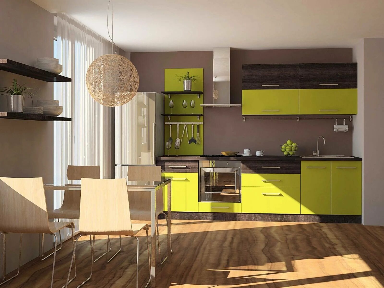 Какие цвета сочетаются на кухне. Сочетание цветов на кухне. Злено коричневая кухни. Кухня с зелеными стенами. Кухни цветовые решения.