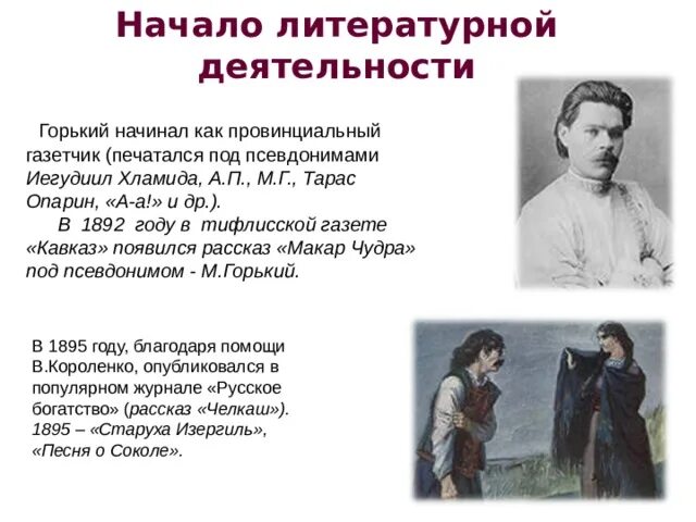 Кто скрывается под псевдонимом горького. Начало литературной деятельности горького. иегудиил хламида. псевдонимы горького. начало писательской деятельности горького.