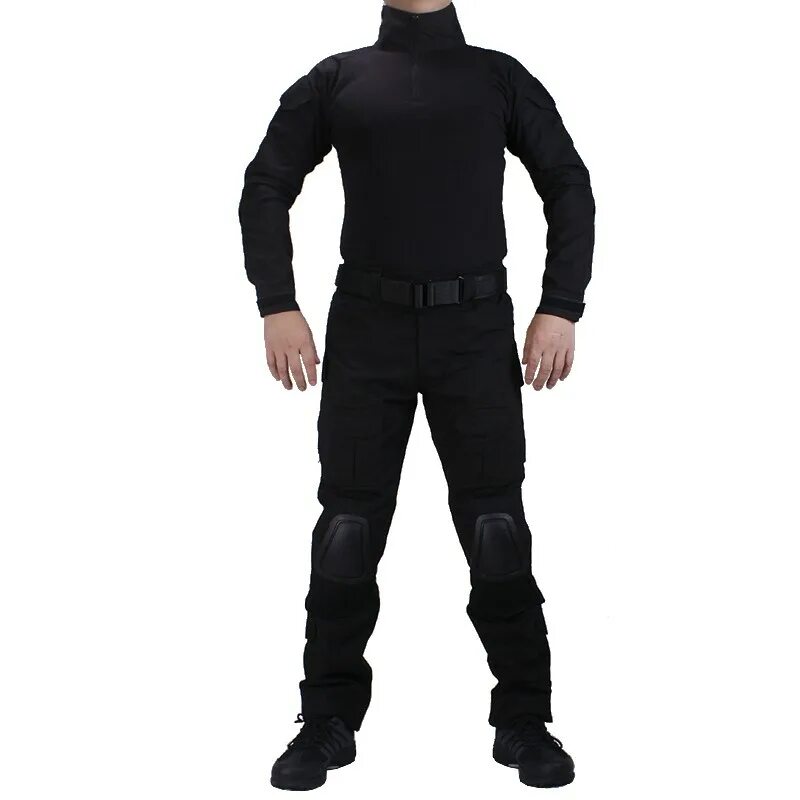 Новая форма черная. Комплект Tactical Combat uniform с наколенниками и налокотниками Black, SS-uf0007b. Тактический костюм g3 Combat Frog Suit. Черная Военная форма. Черный боевой костюм.