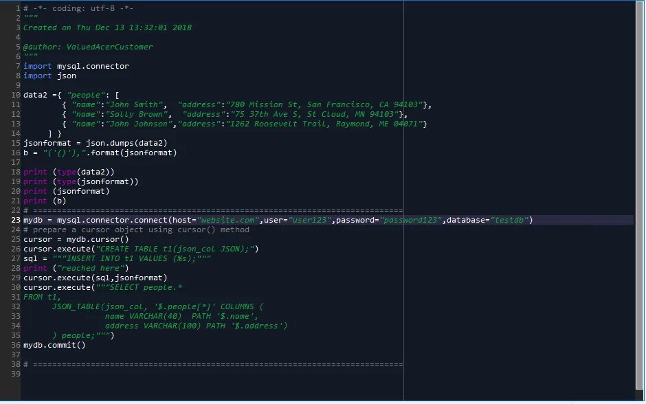 Сохранить json python. MYSQL код. MYSQL пример кода. Json код. Python json в переменную.