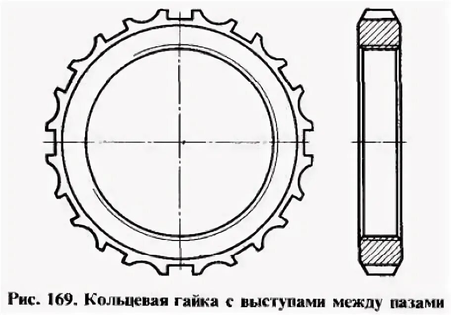 Рис 169. Кольцевая гайка с наружной резьбой и торцевыми пазами. Разрезная Кольцевая гайка. Кольцевая гайка с 8 пазами.