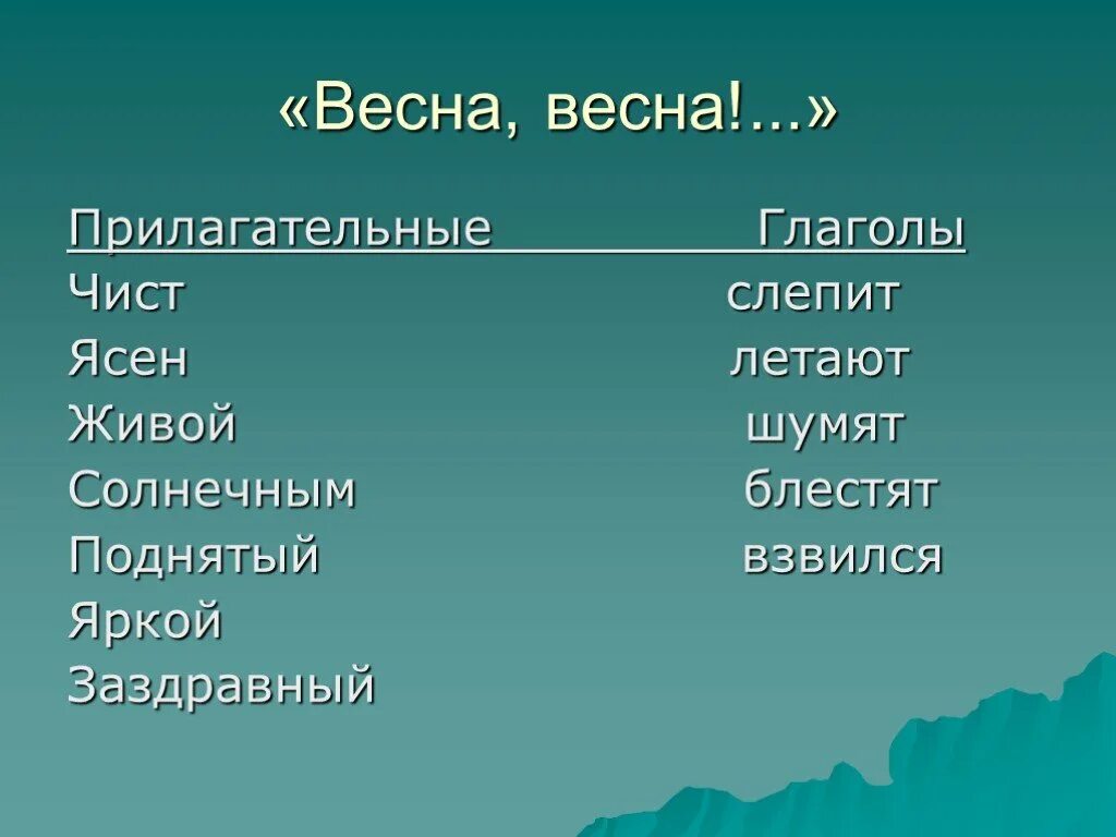 Весенний остров эпитеты. Прилагательные к весне. Глаголы про весну.