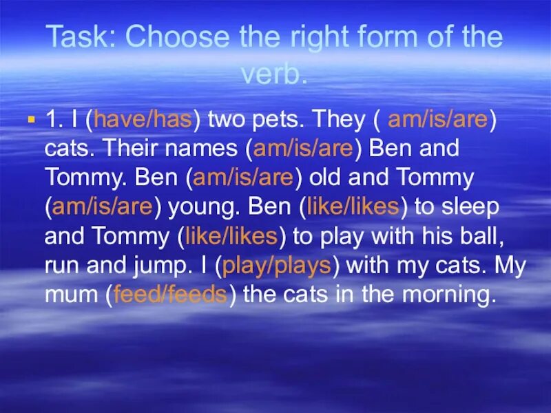 Have has two pets. Choose the right form. Правило в предложении their names are Ben and Tommy. 12 Choose the right forms правило.