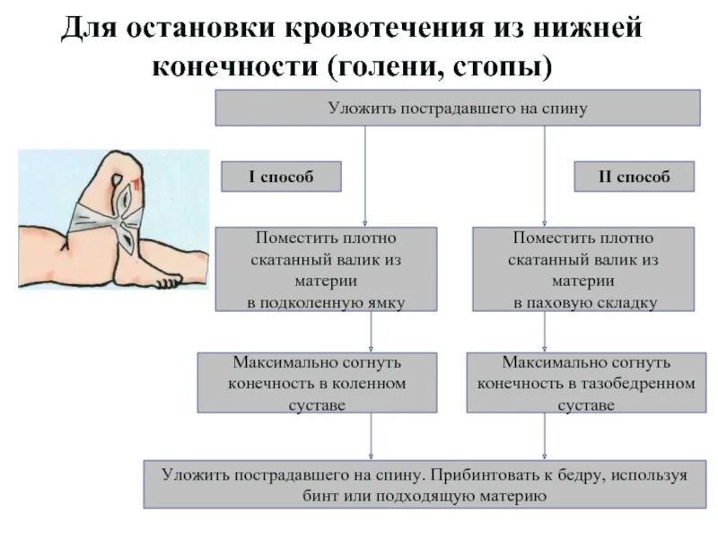 Для остановки кровотечения из нижней конечности (голени, стопы). Остановка кровотечения на нижней конечности. При кровотечении из голени:. Способы временной остановки наружного кровотечения. Кровотечение остановить дома