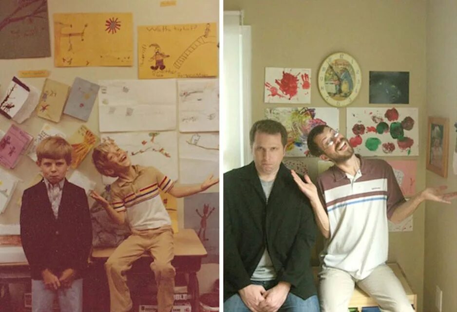 Через десять лет у каждого брата. Фотосессия 20 лет спустя. друзья много лет спустя. дружба спустя годы. смешные семейные снимки в детстве и сейчас.
