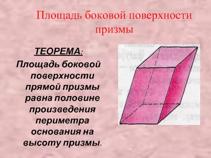 Произведение периметра основания на высоту. Наклонная Призма площадь боковой поверхности формула. Боковая поверхность Призмы. Площадь боковой поверхности приз. Площадт боеовой поаерхностирртщмы.