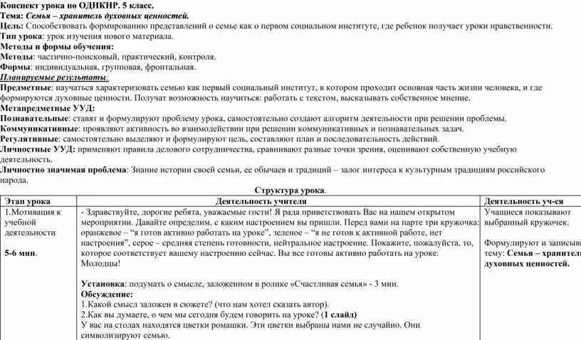 Конспект труд в истории семьи однкнр 5