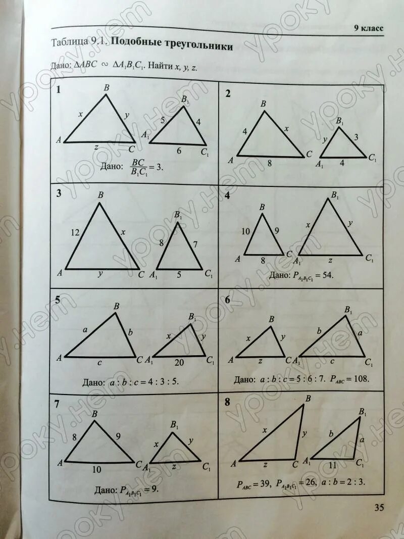 Подобие треугольников таблица. Таблица 9.1 подобные треугольники. Подобие треугольников на чертежах. Таблица 9.1 подобные треугольники 9 класс. Подобные треугольники найти x y