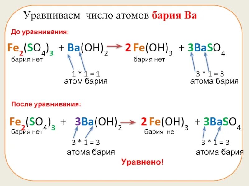 Число атомов. Число атомов в химических уравнениях. Уравнение химической реакции бария. Как уравнивать атомы. Сколько атомов в каждом элементе