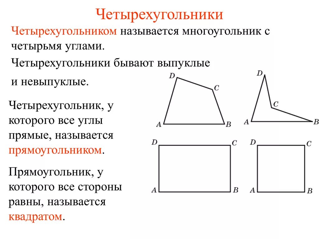 Четырёхугольник. Название выпуклого четырехугольника. Многоугольники с прямыми углами. Выпуклый четырехугольник. Стороны многоугольника называют