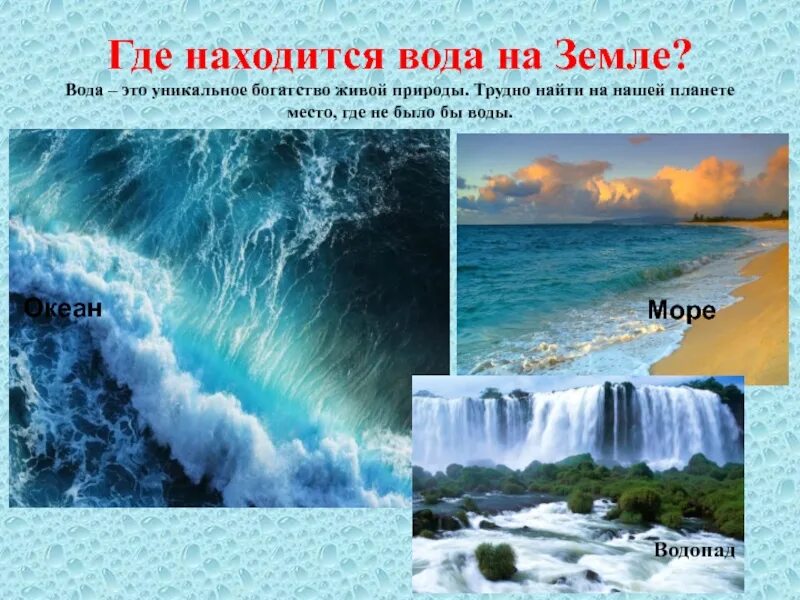 Где есть вода. Где находится вода в природе. Где вода на земле. Где встречается вода на земле. Где находится вода на земле.